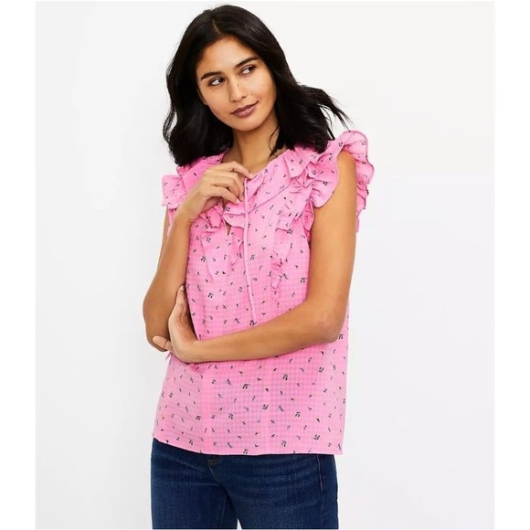 LOFT Women’s Floral Ruffle Tie Neck Top Size Medium Sleeveless Top - Picture 1 of 9